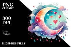 Very Simple Watercolor Moon with Hearts PNG Product Image 2