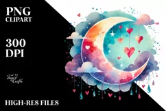 Very Simple Watercolor Moon with Hearts PNG Product Image 2