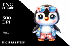 Watercolor Cute Baby Penguin Beach Clipart Product Image 1