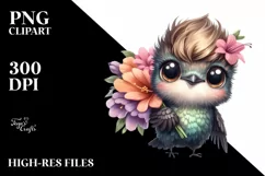 Watercolor Cute Baby Hummingbird Flower Product Image 1
