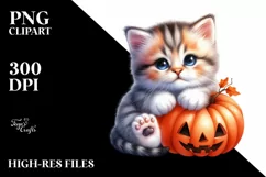 Cute Baby Kitten Holding Halloween Pumpkin, Transparent PNG Product Image 1