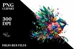 Vibrant Watercolor Bird with Plant Leaves and Flowers, PNG Product Image 1