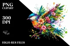 Vibrant Watercolor Bird with Plant Leaves and Flowers, PNG Product Image 3