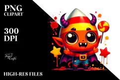 Goofy Chibi Demon in Candy Corn Hoodie, Vibrant PNG Product Image 2