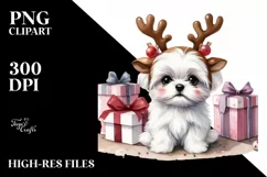 Baby Maltese with Reindeer Horns PNG Product Image 3