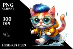 Goofy Cat Running in Watercolor PNG Product Image 1