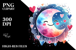 Simple Moon with Hearts in Watercolor PNG Product Image 2