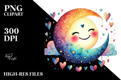 Simple Moon with Hearts in Watercolor PNG Product Image 2