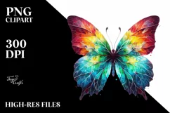Abstract Vibrant Watercolor Butterfly with Plant Leaves, PNG Product Image 1