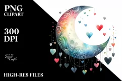 Simple Watercolor Half Moon with Hearts PNG Product Image 2