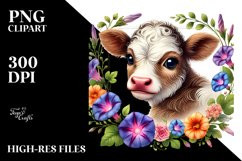Cute Smiling Highland Cow with Morning Glory Frame PNG Product Image 2