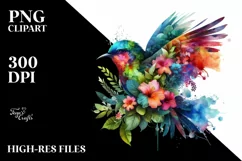 Vibrant Watercolor Bird with Plant Leaves and Flowers, PNG Product Image 3