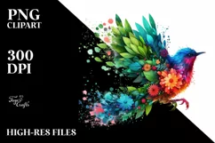 Vibrant Watercolor Bird with Plant Leaves and Flowers, PNG Product Image 3