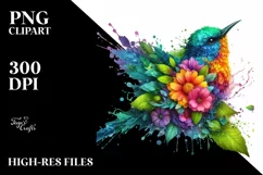 Vibrant Watercolor Bird with Plant Leaves and Flowers, PNG Product Image 1