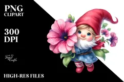 Watercolor Small Gnome with Petunia PNG Product Image 2