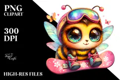Vibrant Watercolor Baby Bee with Snowboard, High-Res PNG Product Image 2