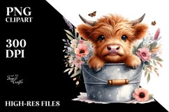 Cute Baby Highland Cow with Wooden Bucket PNG Product Image 1