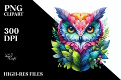 Abstract Vibrant Watercolor Owl with Plant Leaves, PNG Product Image 1