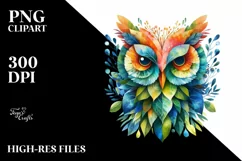 Abstract Vibrant Watercolor Owl with Plant Leaves, PNG Product Image 1