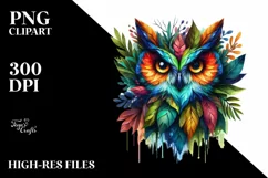 Abstract Vibrant Watercolor Owl with Plant Leaves, PNG Product Image 3