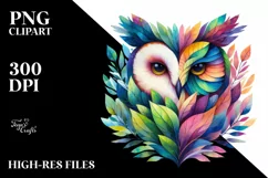 Abstract Vibrant Watercolor Owl with Plant Leaves, PNG Product Image 1