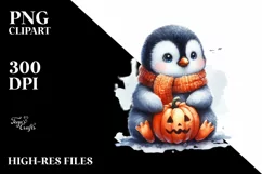 Cute Baby Penguin Sitting with Halloween Pumpkin, PNG Product Image 1