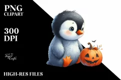 Cute Baby Penguin Sitting with Halloween Pumpkin, PNG Product Image 1