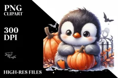 Cute Baby Penguin Sitting with Halloween Pumpkin, PNG Product Image 1