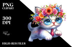 Cool Baby Cat with Floral Wreath Watercolor Drawing Product Image 2