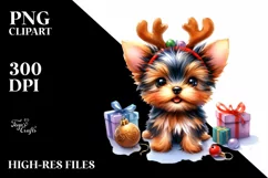 Baby Yorkshire Terrier with Reindeer Horns PNG Product Image 1