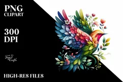 Vibrant Watercolor Bird with Plant Leaves and Flowers, PNG Product Image 1