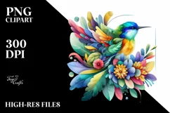 Vibrant Watercolor Bird with Plant Leaves and Flowers, PNG Product Image 1