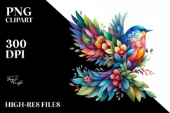 Vibrant Watercolor Bird with Plant Leaves and Flowers, PNG Product Image 1