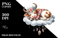Boho Baby Cow Sleeping on Cloud Clipart Product Image 2