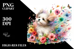 pCute Dog Wind Tumbling Flowers Clipart Product Image 1