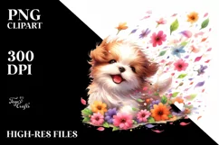 Cute Dog Wind Tumbling Flowers Clipart Product Image 1