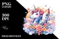 Watercolor Baby Unicorn Rocket Ship PNG Product Image 3