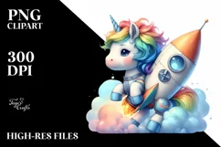 Watercolor Baby Unicorn Rocket Ship PNG Product Image 3