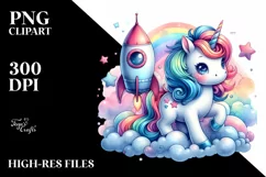Watercolor Baby Unicorn Rocket Ship PNG Product Image 3