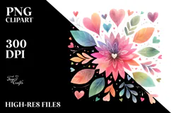 Simple Flower with Hearts Watercolor Digital Painting JPEG Product Image 2