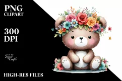 Cartoon Bear with Flower Crown, Cute PNG Product Image 1