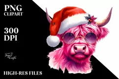 Pink Highland Cow with Santa Hat PNG Product Image 2