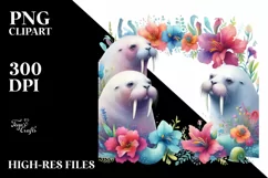 Vibrant Walrus Floral Frame Watercolor Clipart Product Image 3
