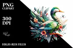 Abstract Vibrant Watercolor Duck with Plant Leaves and Product Image 1