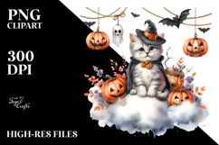 Watercolor Kitten Dressed for Halloween Sitting on Cloud PNG Product Image 2