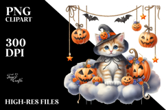 Watercolor Kitten Dressed for Halloween Sitting on Cloud PNG Product Image 2