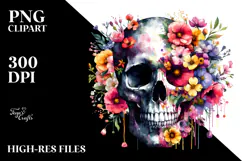 Colorful Grungy Skull with Spring Flowers PNG Product Image 2