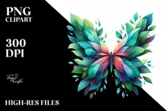 Abstract Vibrant Watercolor Butterfly with Plant Leaves, PNG Product Image 1