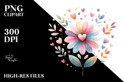 Simple Flower with Hearts Watercolor Digital Painting JPEG Product Image 2