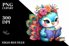 Colorful Cute Peacock Reading a Book Clipart Product Image 1